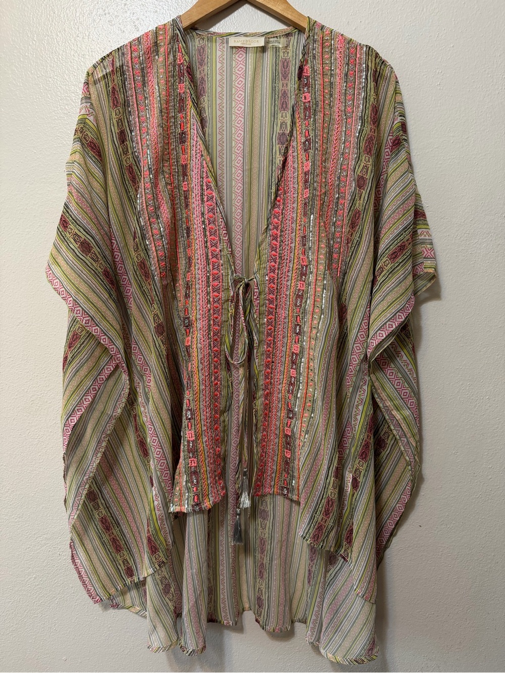 Ramy Brook Multicolor Striped Sequin Tassel Tie Front cover-up XS/S V-Neck